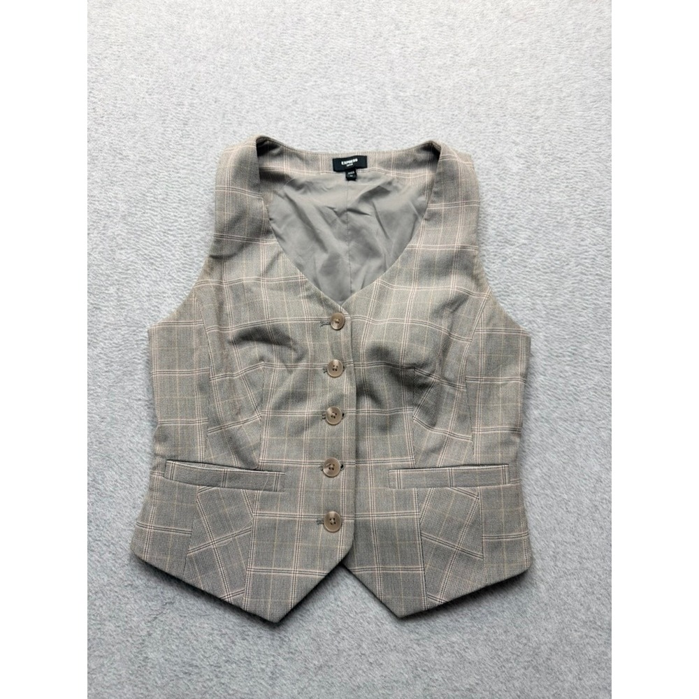 Express Design Studio Womens Grey Plaid Button Up Tailored Waistcoat Vest Size 8
